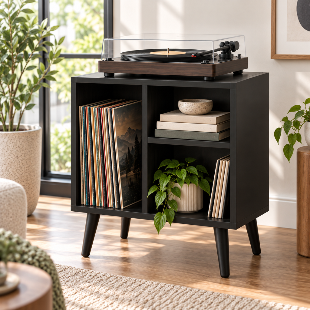 Narrow Record Player Stand with Vinyl Storage – Compact Turntable Cabinet