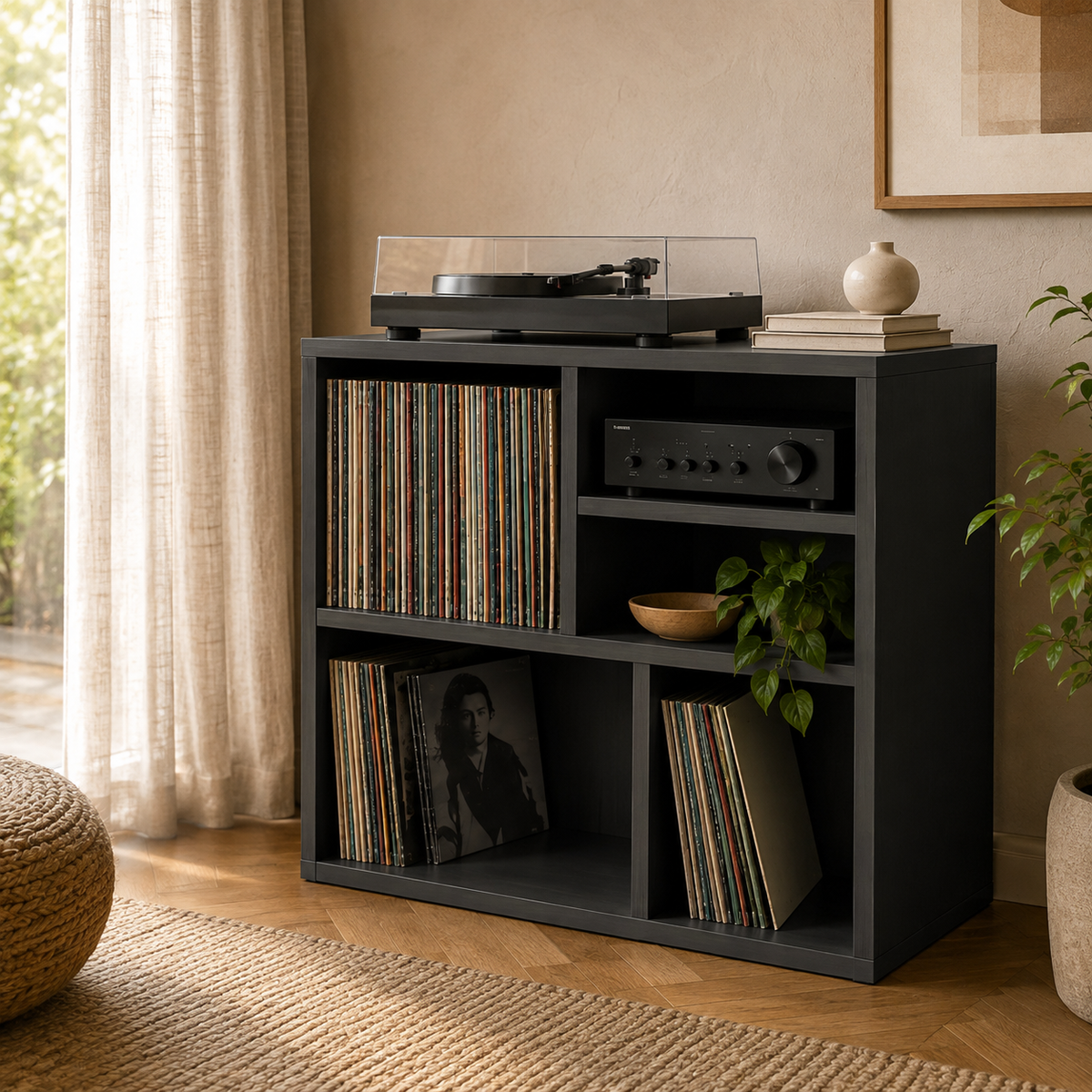 Narrow Turntable Stand with Vinyl Record Storage – Compact Record Player Cabinet