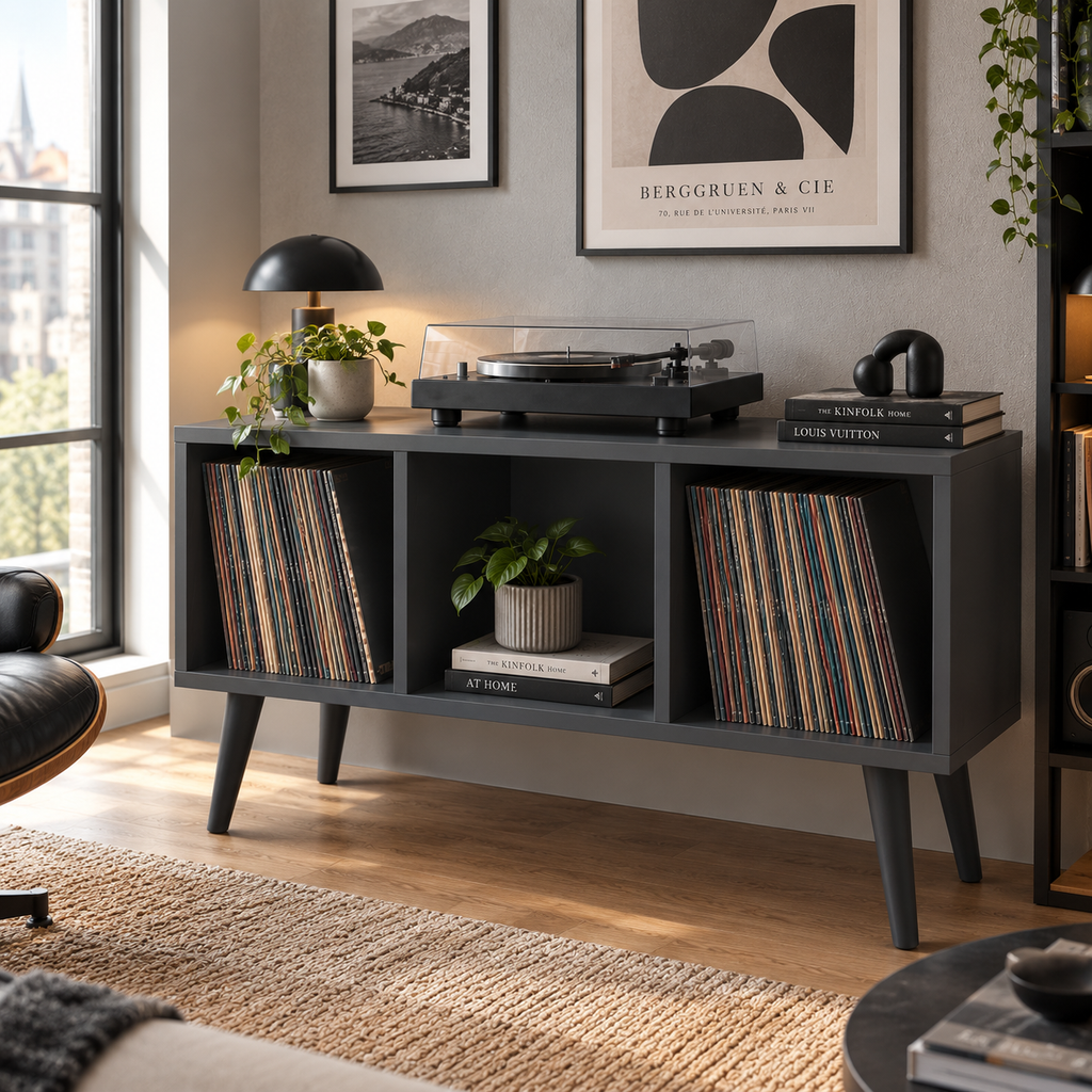 Modern Record Player Stand with Vinyl Storage – Turntable Stand & LP Organizer