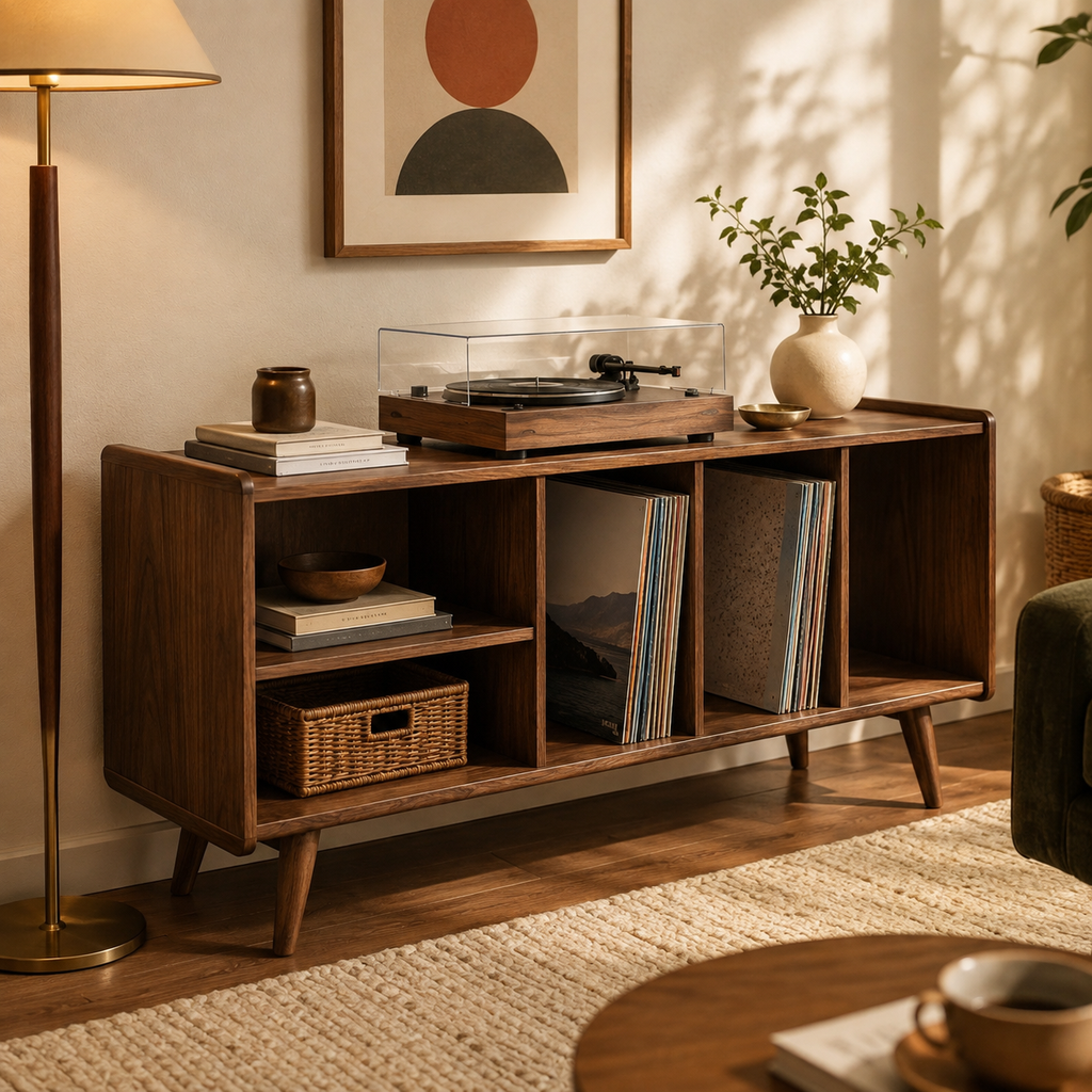 Mid-Century Record Player Stand with Vinyl Storage – Turntable Console & LP Storage Cabinet