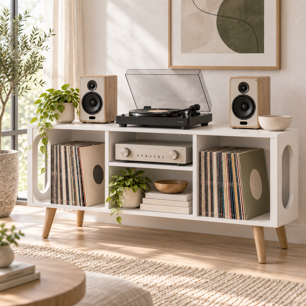 Vinyl Record Storage Console with Turntable Stand – Modern LP Media Cabinet
