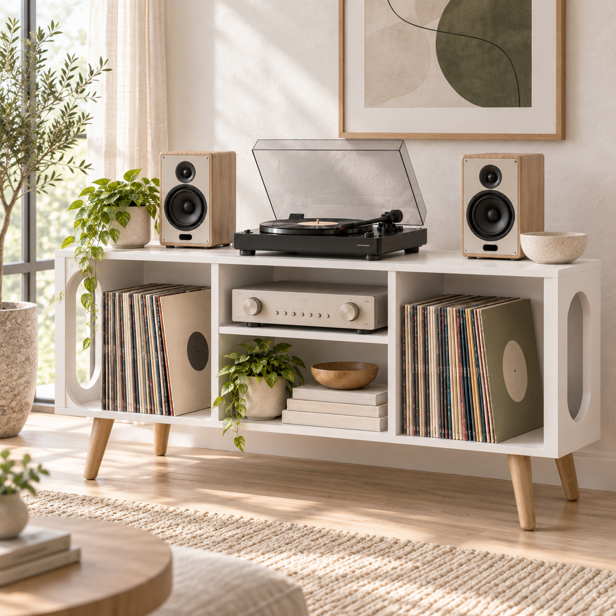 Vinyl Record Storage Console with Turntable Stand – Modern LP Media Cabinet