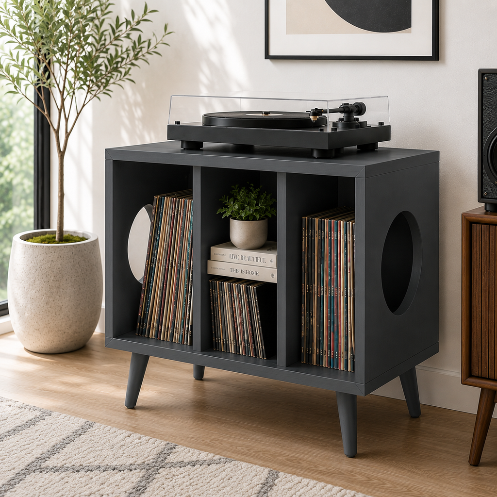 レコードプレーヤー用コンパクトスタンド（レコード収納付き）– ターンテーブルスタンド＆LPレコード整理ラック、55cm