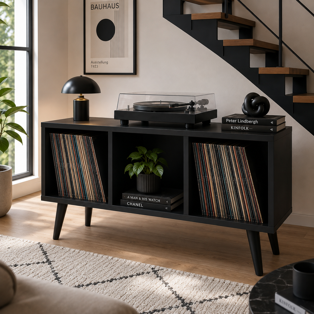 Modern Record Player Stand with Vinyl Storage – Turntable Stand & LP Organizer