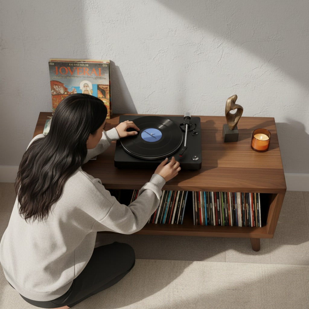 レコードプレーヤー用ロープロファイルスタンド（レコード収納付き）– ターンテーブル台＆LP収納ラック
