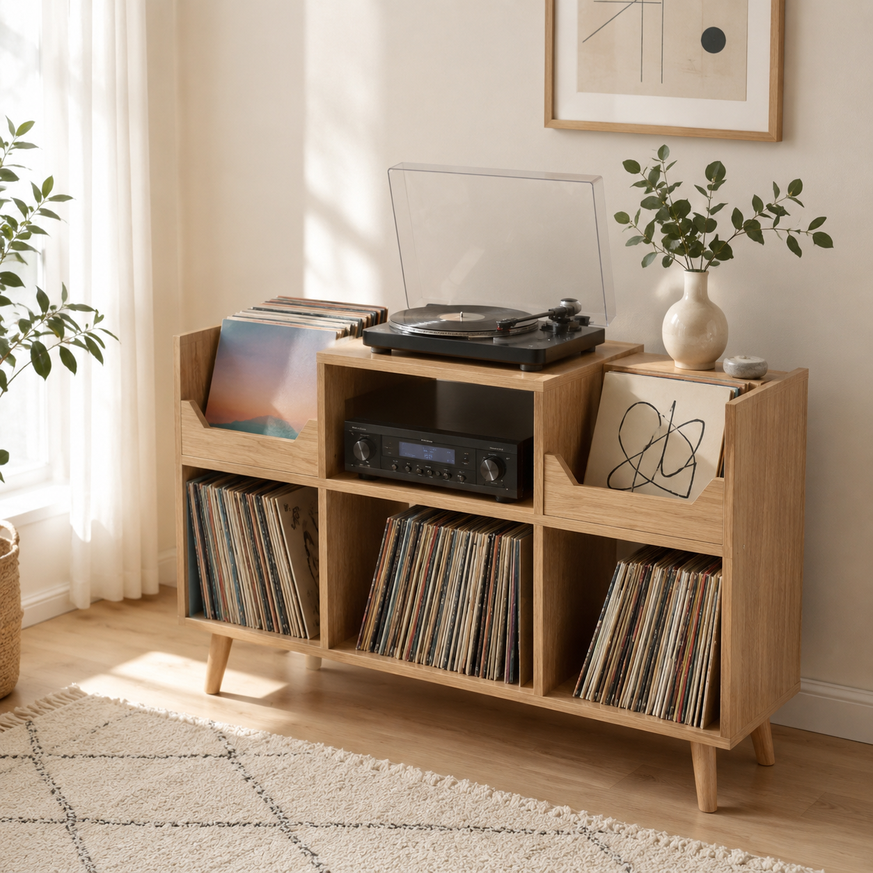 Mid-Century Record Player Stand with Vinyl Storage – Turntable Console & LP Organizer