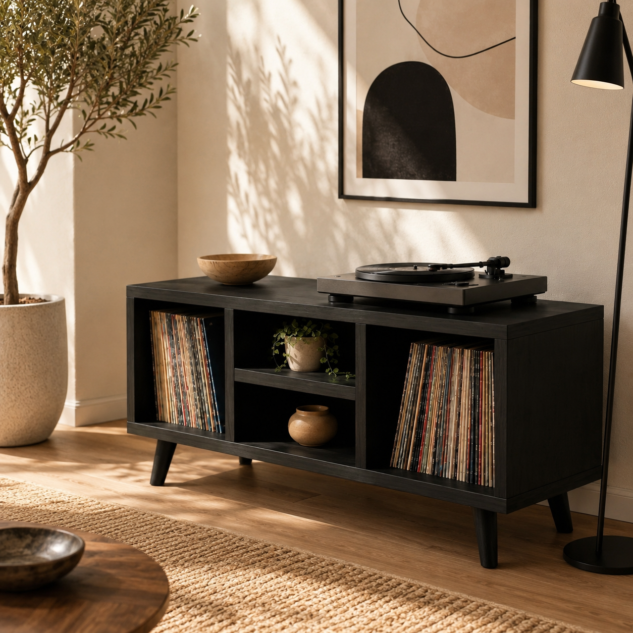 Modern Record Player Stand with Vinyl Storage – Turntable Stand & LP Organizer
