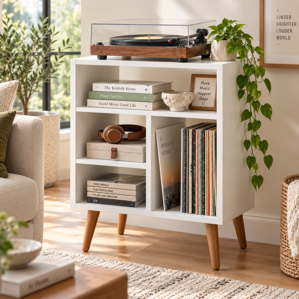 Modern Record Player Stand with Vinyl Storage – Turntable Stand & LP Organizer