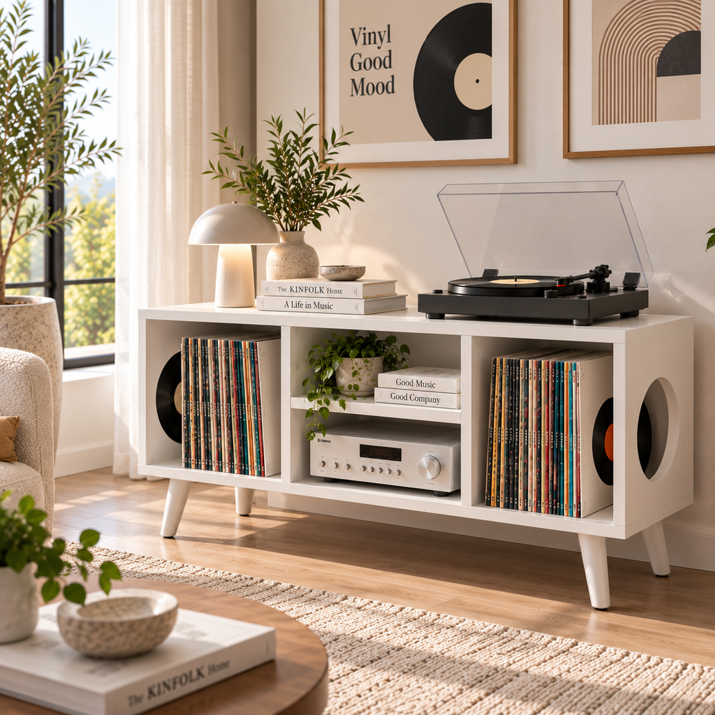 Vinyl Record Storage Console with Turntable Stand – Modern LP Media Cabinet