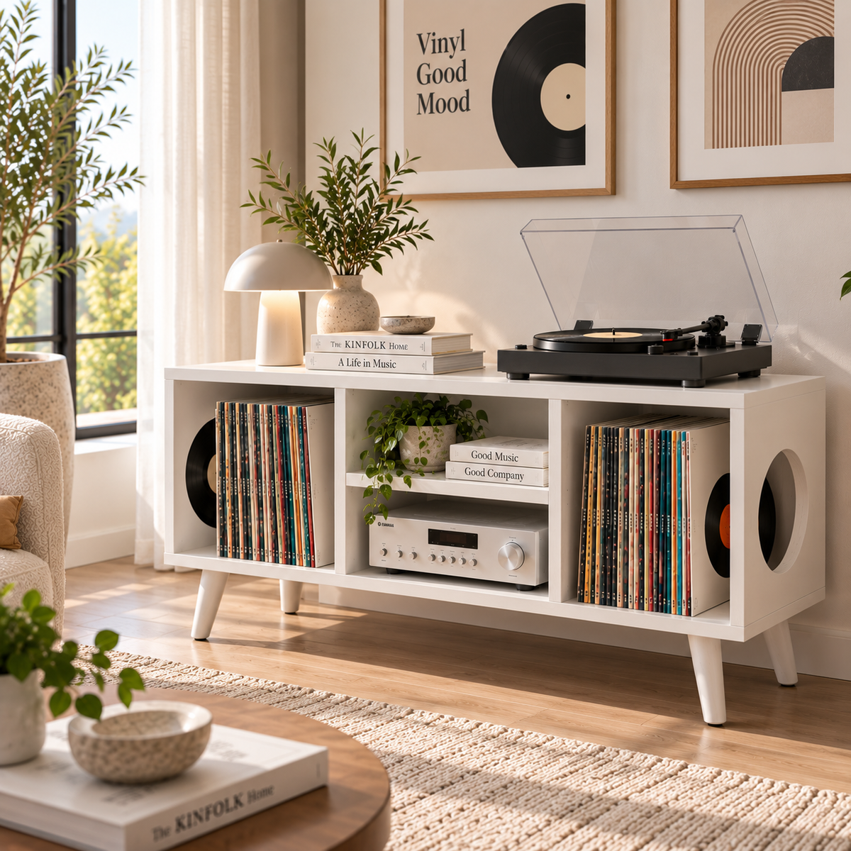 Vinyl Record Storage Console with Turntable Stand – Modern LP Media Cabinet