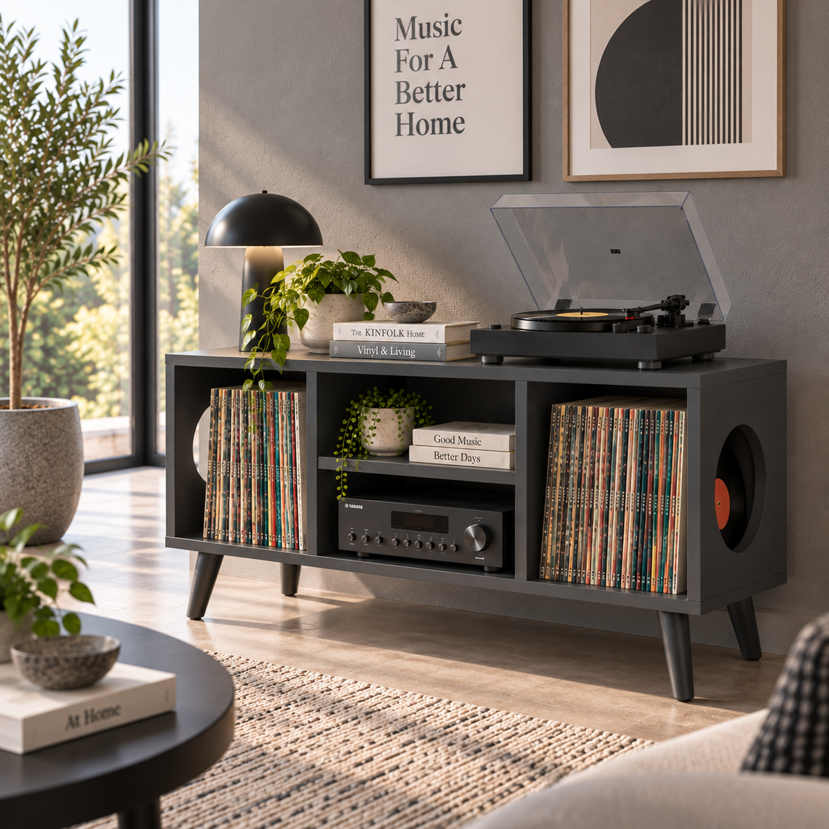 Vinyl Record Storage Console with Turntable Stand – Modern LP Media Cabinet