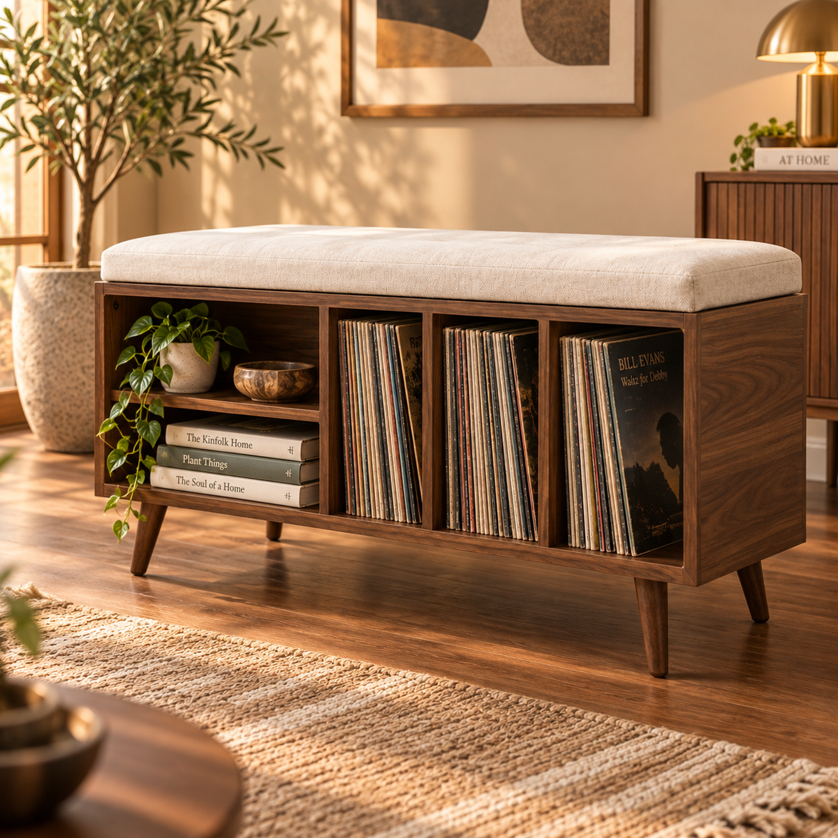 Vinyl Record Storage Bench – LP Organizer & Listening Room
