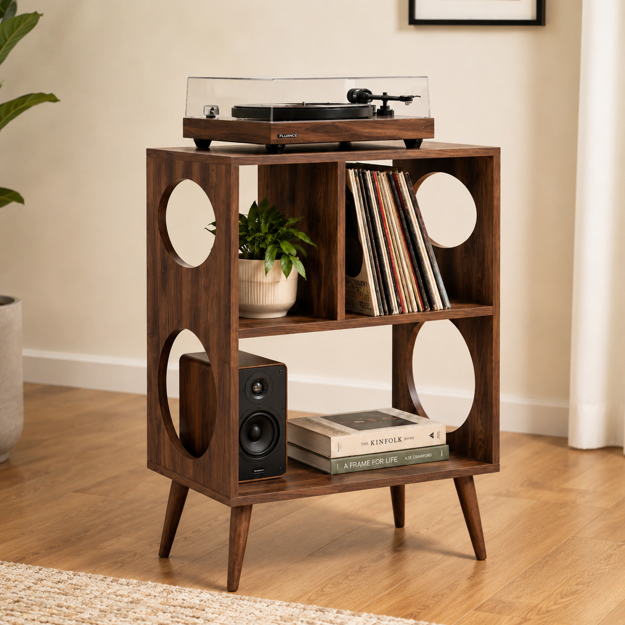 Narrow Record Player Stand with Vinyl Storage – Mid-Century Turntable Stand & LP Organizer