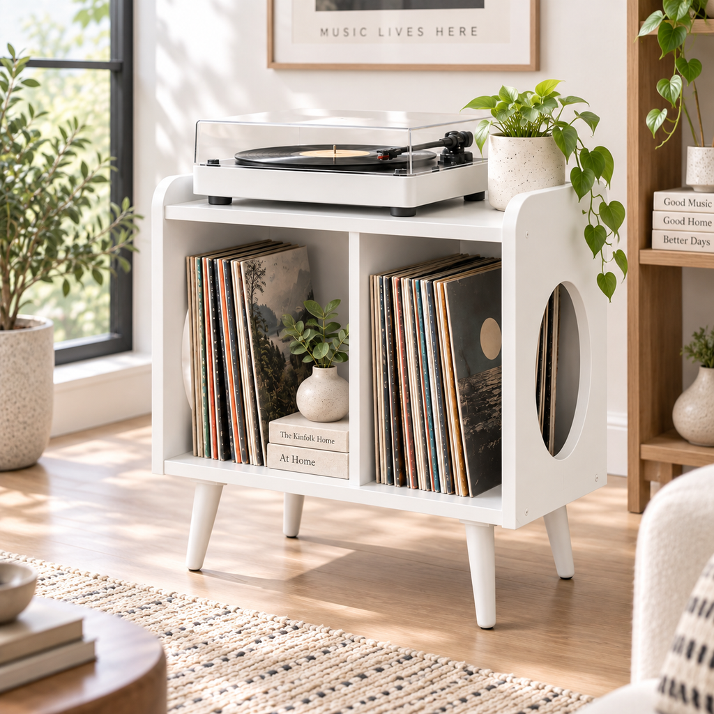 Compact Record Player Stand with Vinyl Storage – Turntable Stand & LP Organizer, 45 cm Wide