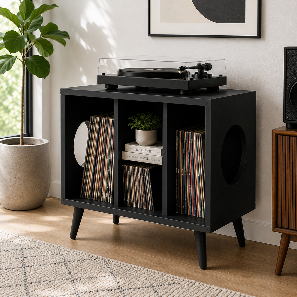レコードプレーヤー用コンパクトスタンド（レコード収納付き）– ターンテーブルスタンド＆LPレコード整理ラック、55cm