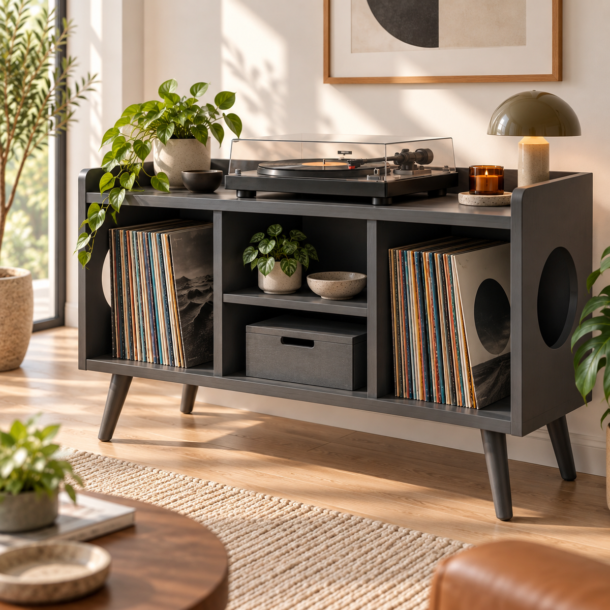 Record Player Stand with Vinyl Storage – Modern Turntable Stand & LP Organizer
