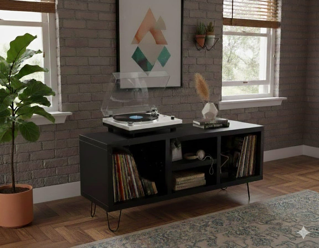 Modern Record Player Stand with Vinyl Storage – Turntable Table & LP Organizer