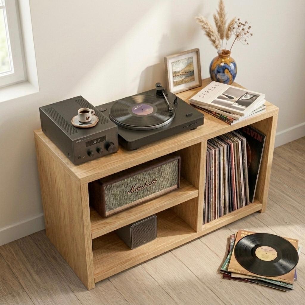 Low Record Player Stand with Vinyl Storage – Turntable Stand & LP Organizer