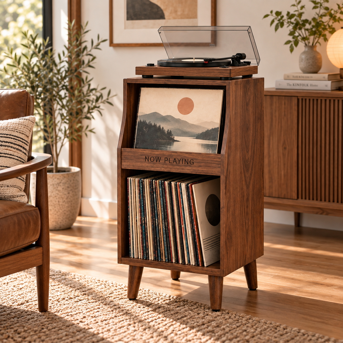 Tall Narrow Record Player Stand with Vinyl Storage – Compact Turntable Cabinet
