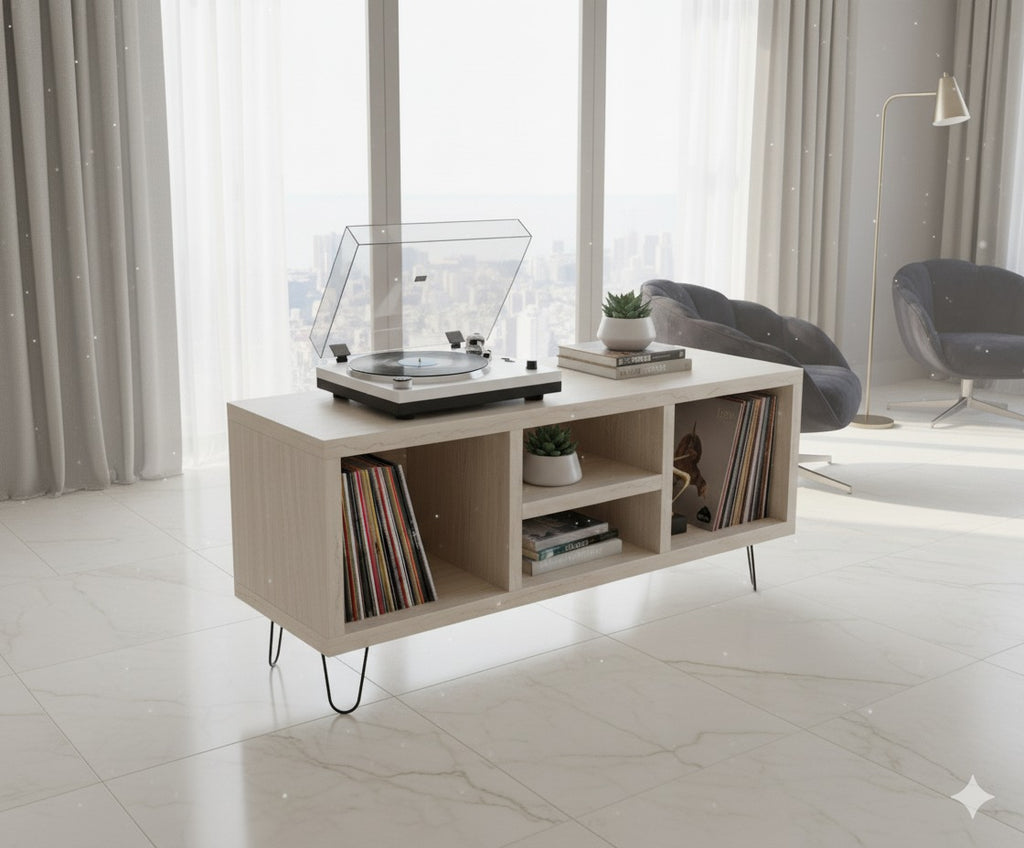 Low Profile Record Player Stand with Vinyl Storage – Turntable Cabinet & LP Organizer