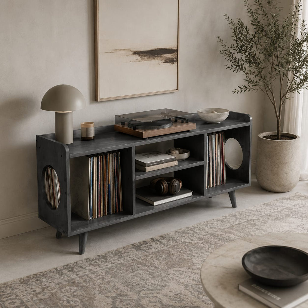 Mid-Century Record Player Table – Turntable Stand with Vinyl Storage & LP Organizer