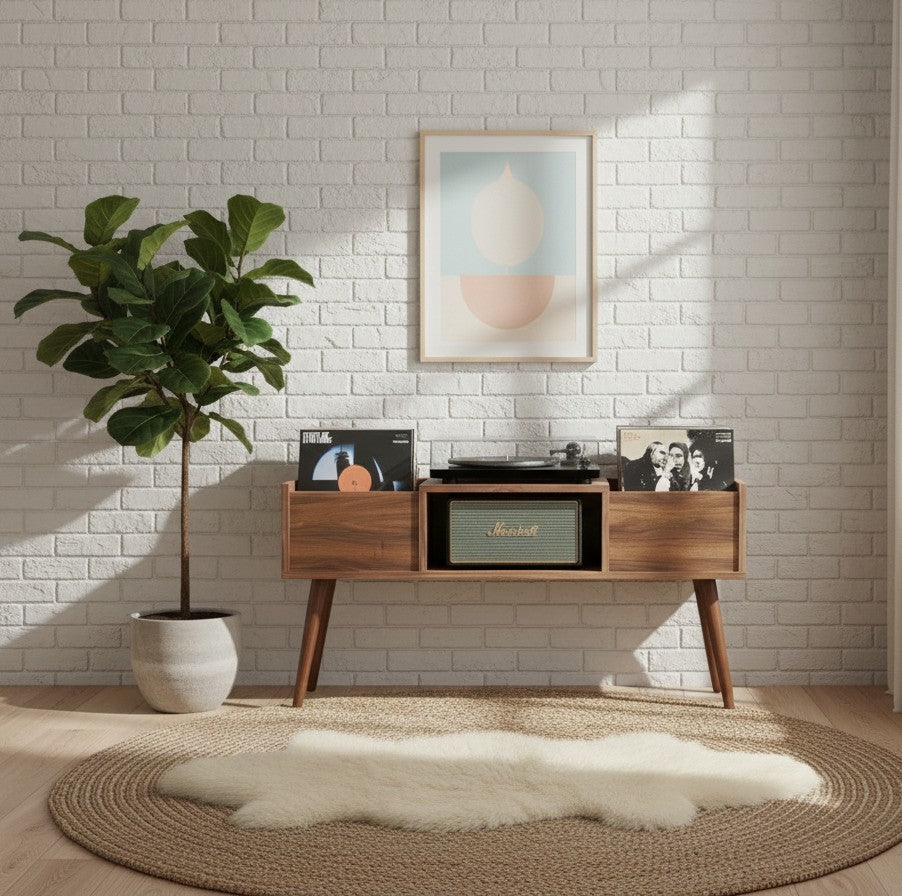 120cm レコードプレーヤー台（レコード収納付き）– モダンなターンテーブルスタンド＆LPオーガナイザー