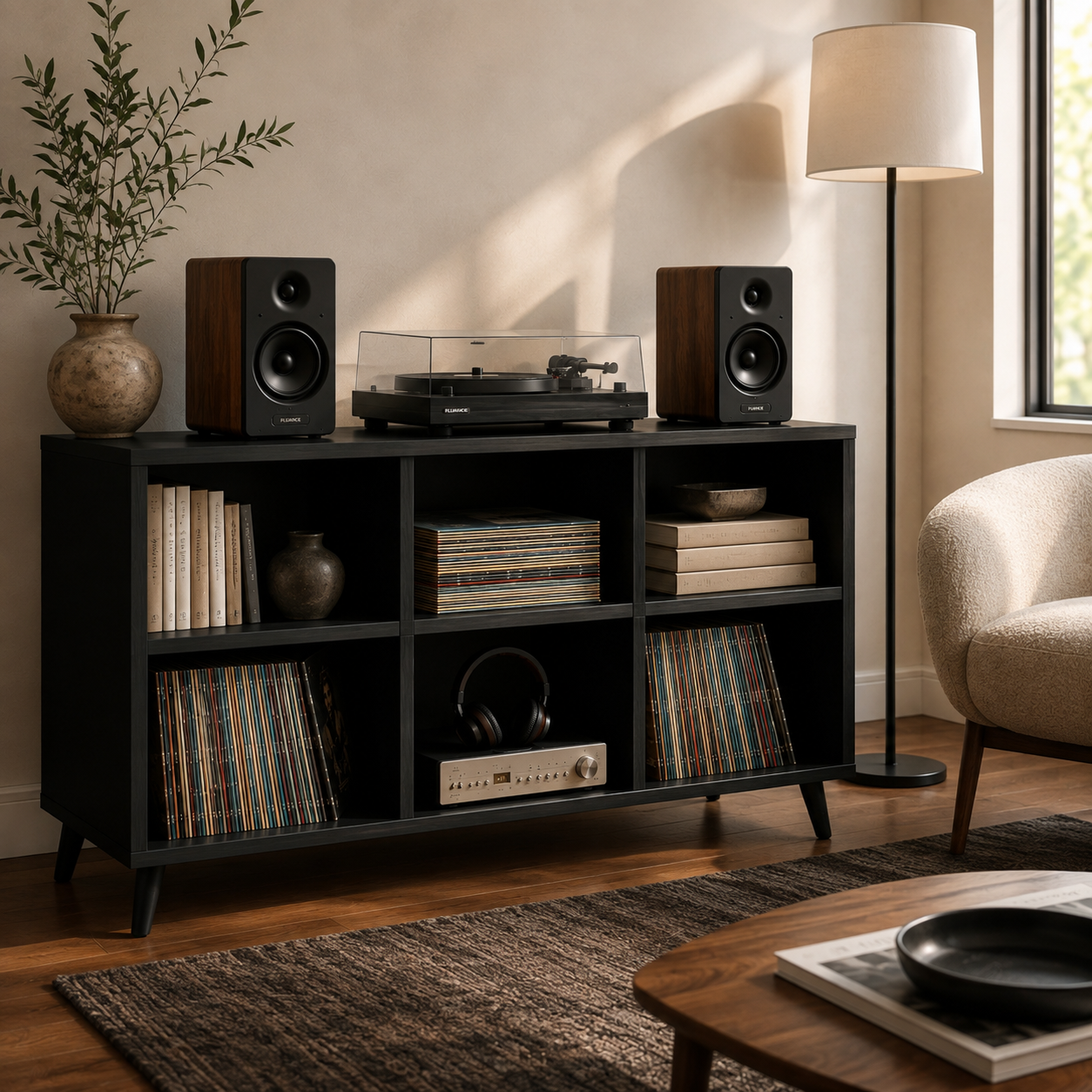 Tall Record Player Stand with Vinyl Storage – Turntable Stand & LP Organizer
