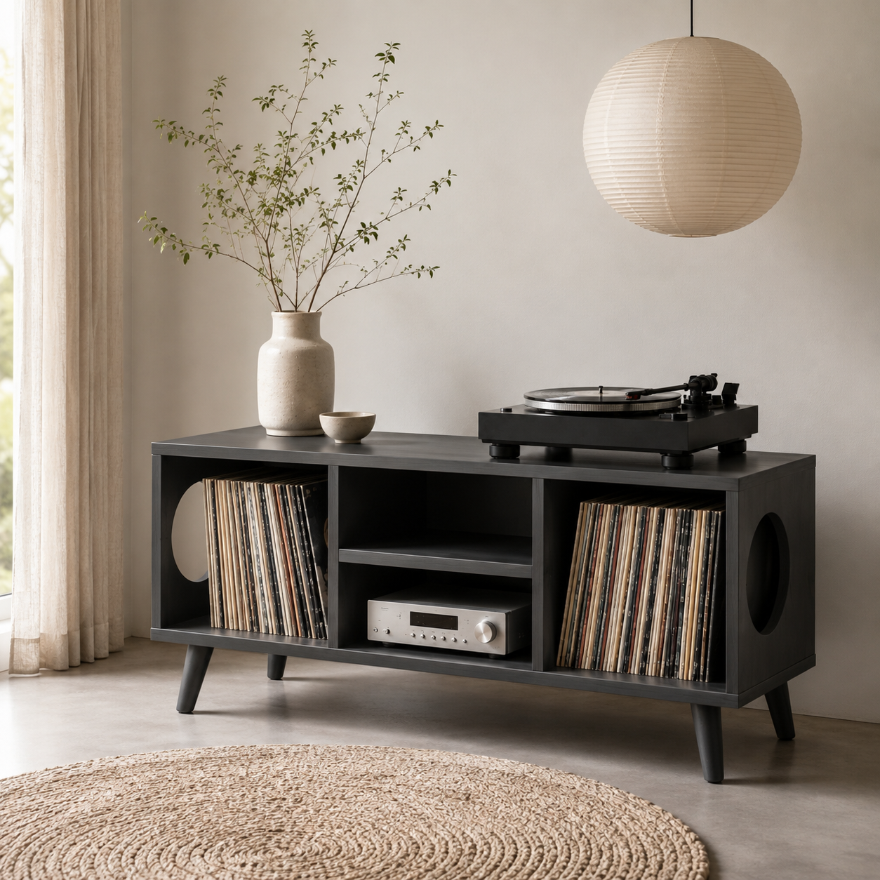 Modern Record Player Stand with Vinyl Storage – Low Turntable Stand & LP Organizer