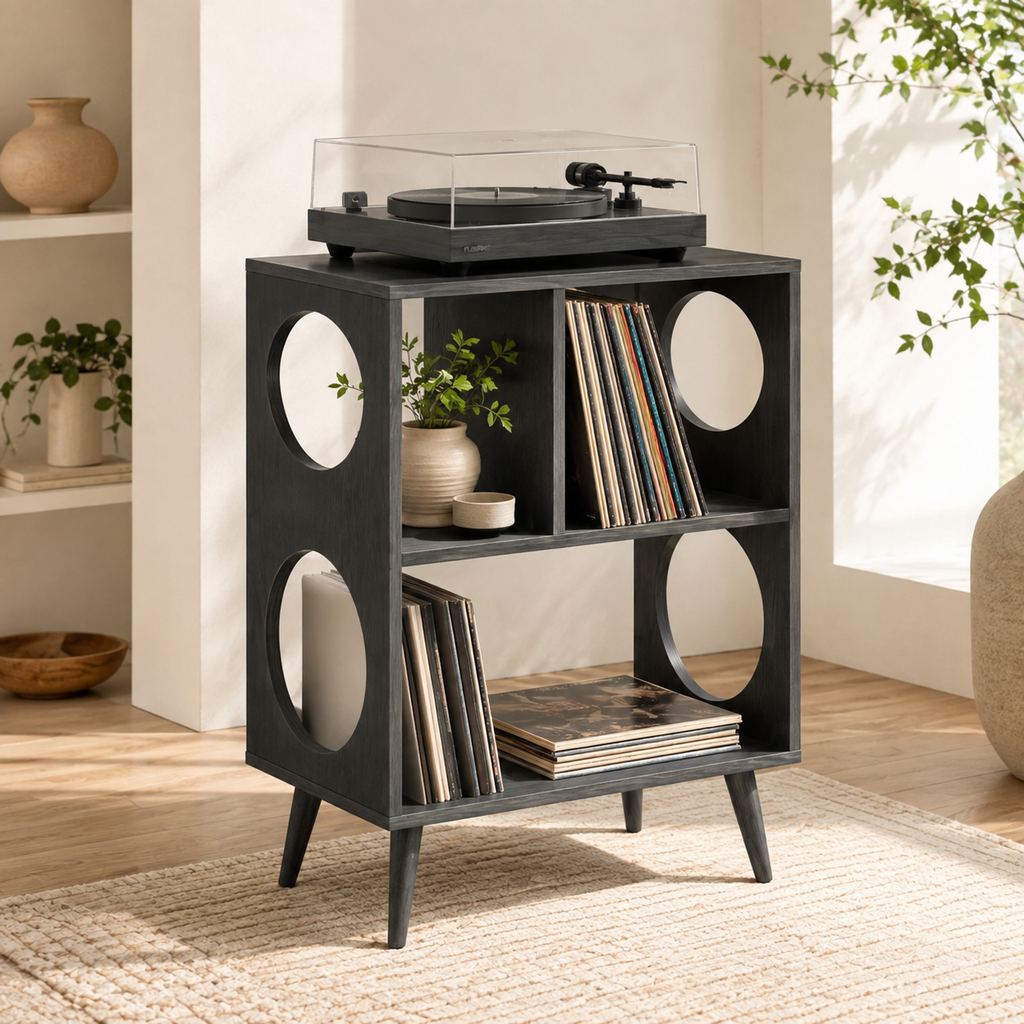 Narrow Record Player Stand with Vinyl Storage – Mid-Century Turntable Stand & LP Organizer