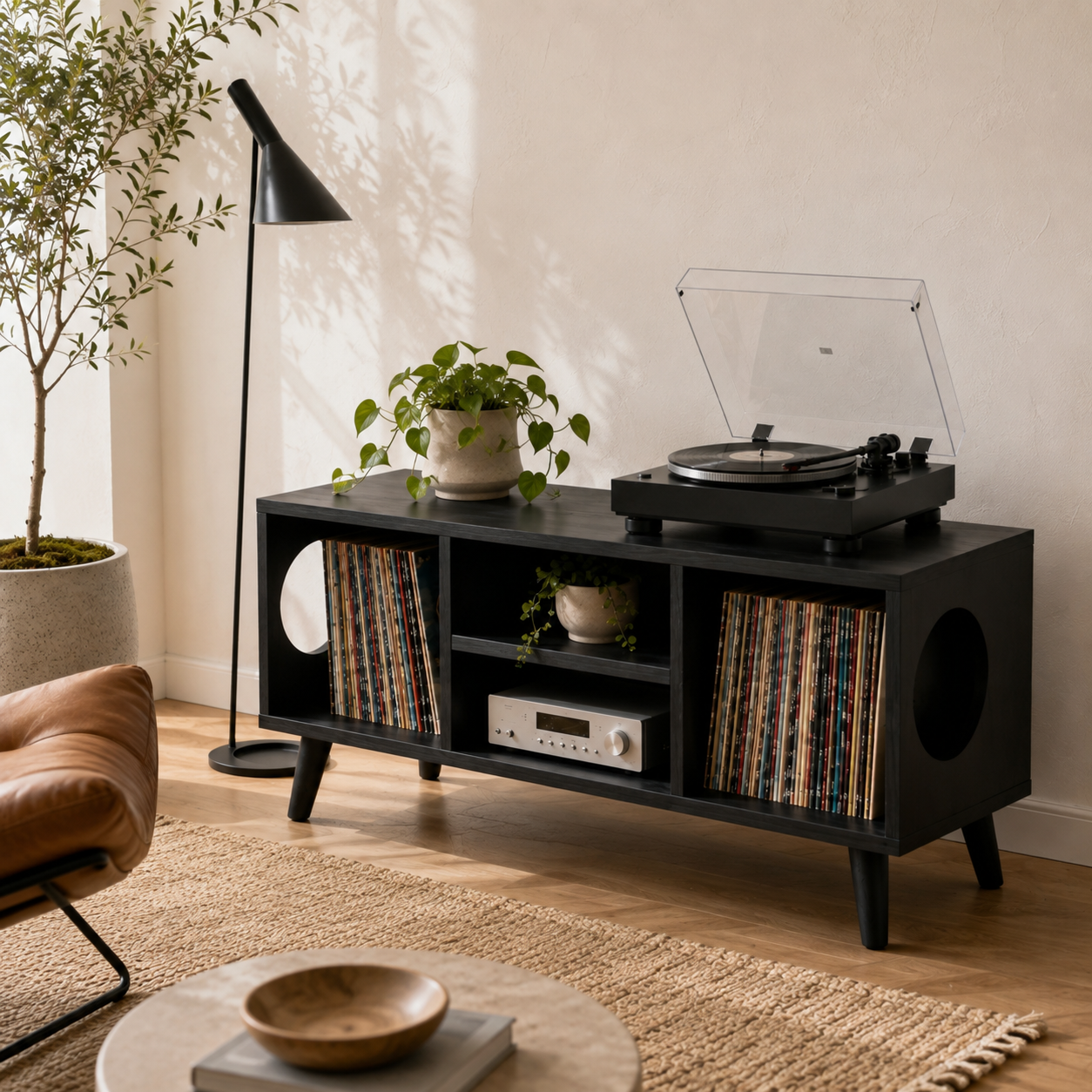 Modern Record Player Stand with Vinyl Storage – Low Turntable Stand & LP Organizer
