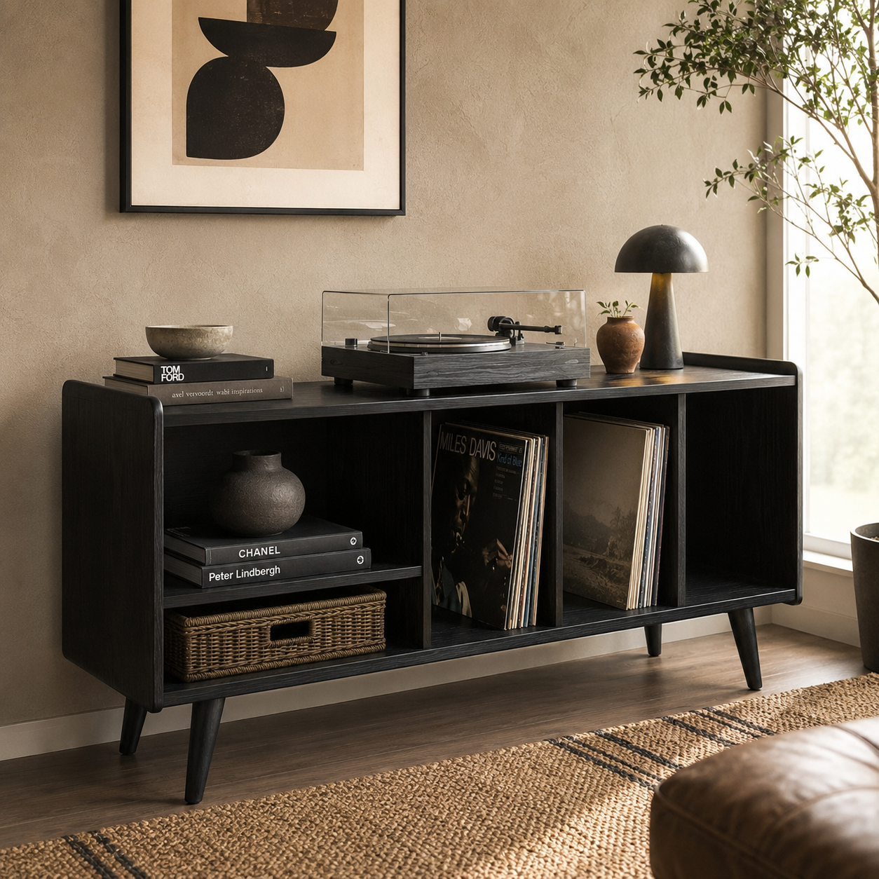 Mid-Century Record Player Stand with Vinyl Storage – Turntable Console & LP Storage Cabinet