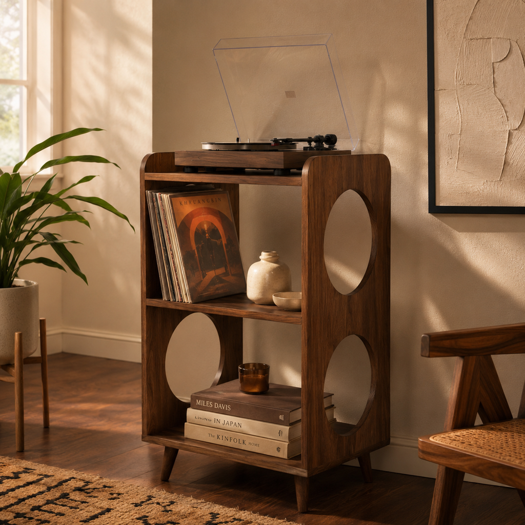 Mid-Century Record Player Stand with Vinyl Storage – Narrow Turntable Stand & LP Organizer
