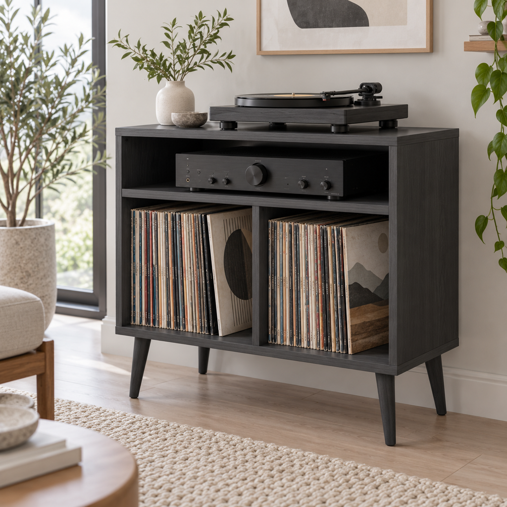 Record Player Stand with Vinyl Storage – Compact Turntable Stand & LP Organizer