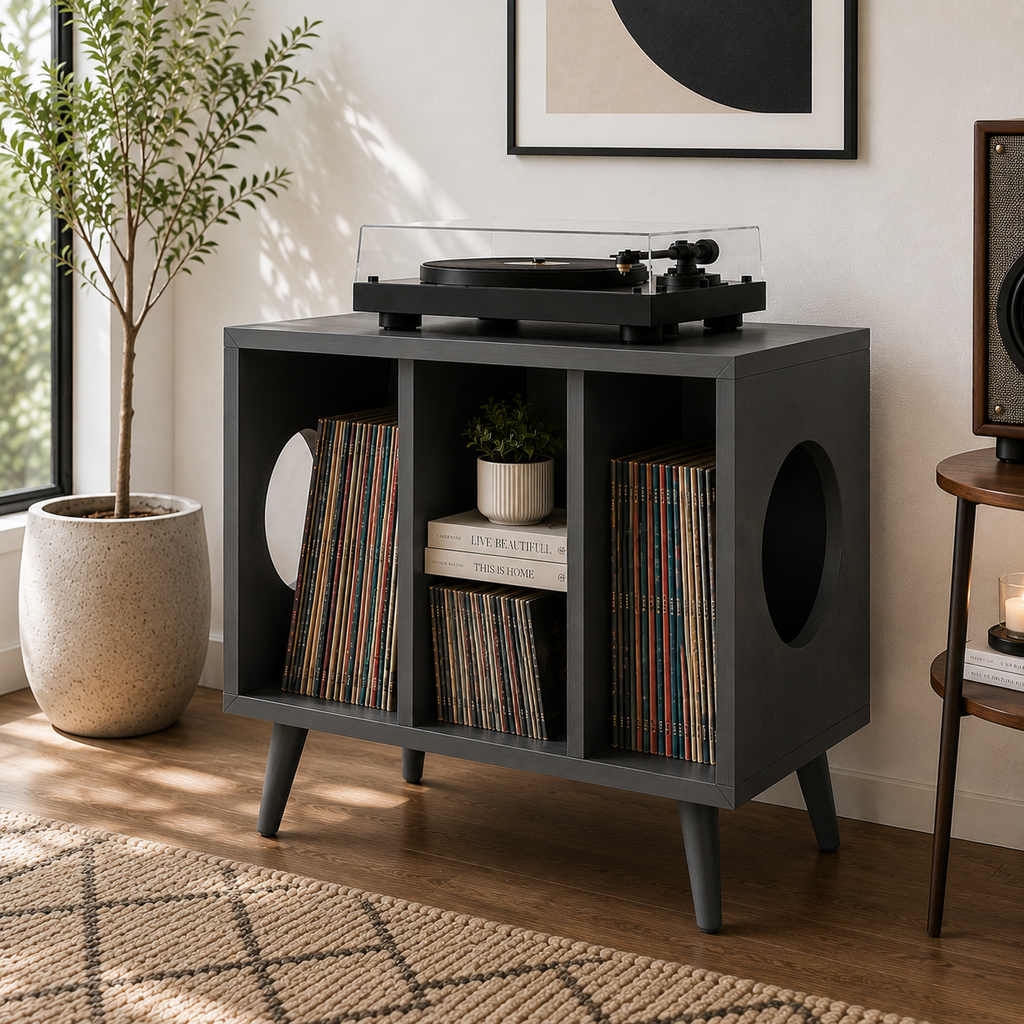 レコードプレーヤー用コンパクトスタンド（レコード収納付き）– ターンテーブルスタンド＆LPレコード整理ラック、55cm