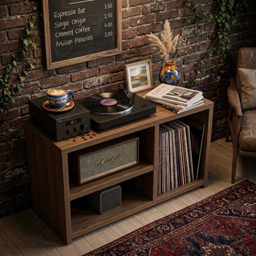 Low Record Player Stand with Vinyl Storage – Turntable Stand & LP Organizer