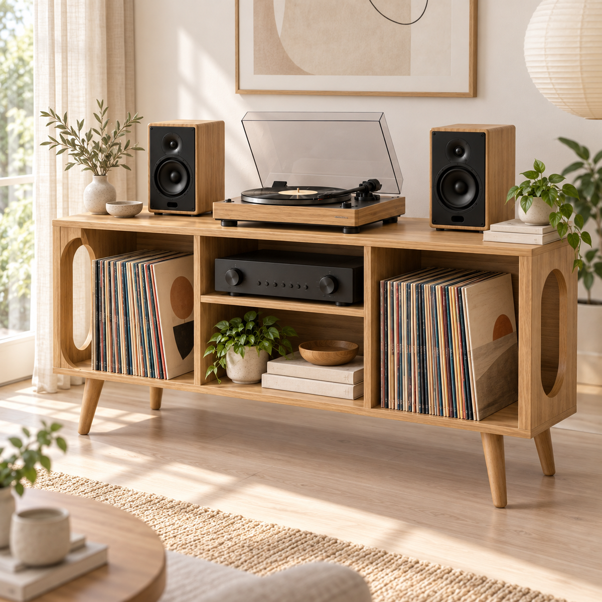 Vinyl Record Storage Console with Turntable Stand – Modern LP Media Cabinet