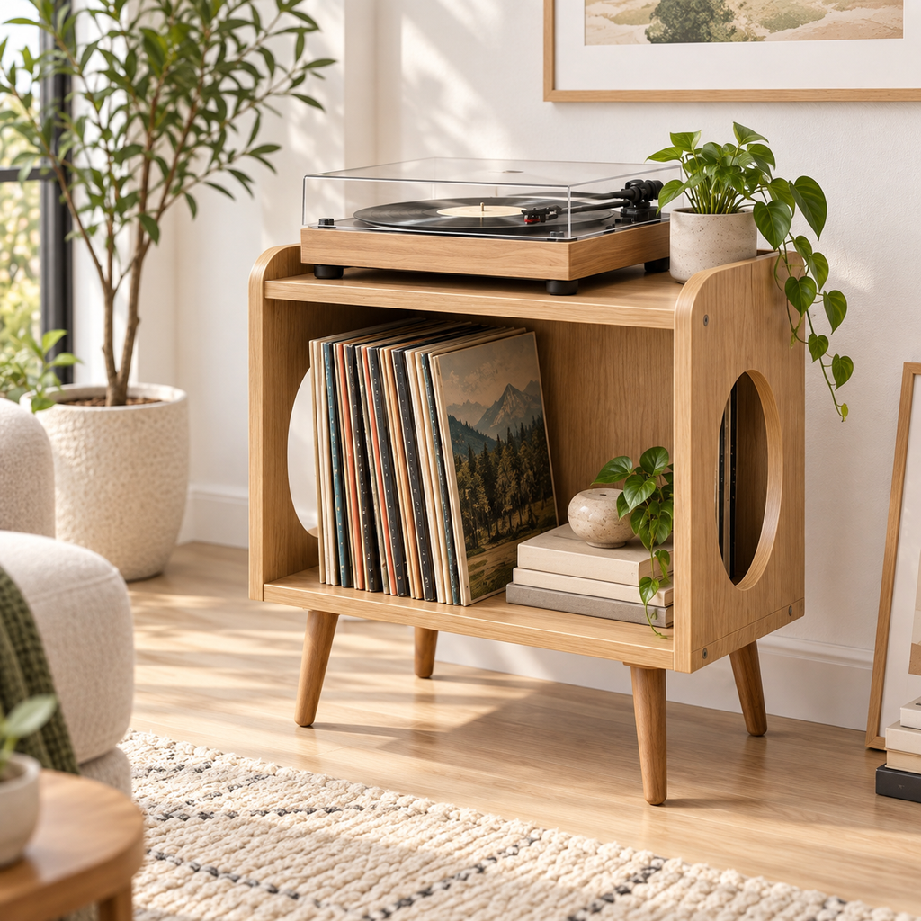 レコードプレーヤー用スリムスタンド（レコード収納付き）– コンパクトターンテーブルキャビネット（幅45cm）