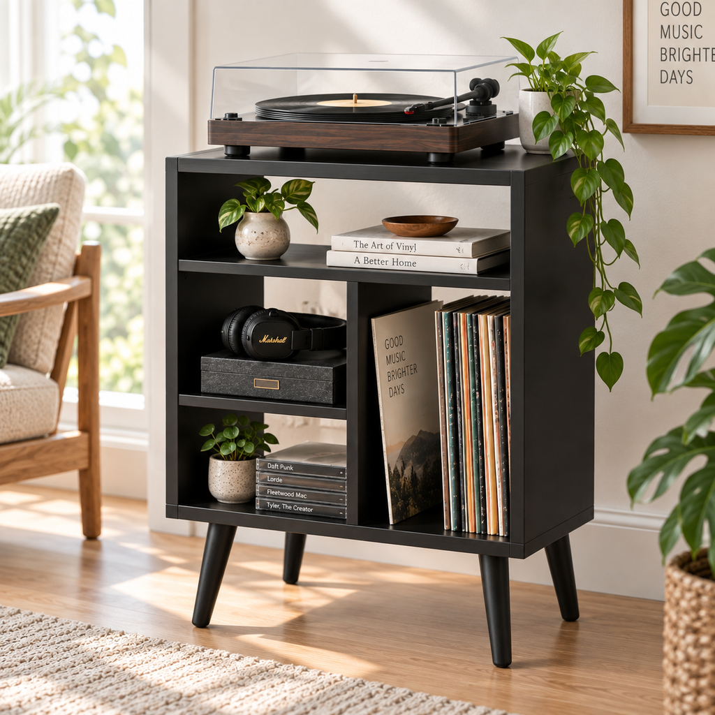 Modern Record Player Stand with Vinyl Storage – Turntable Stand & LP Organizer