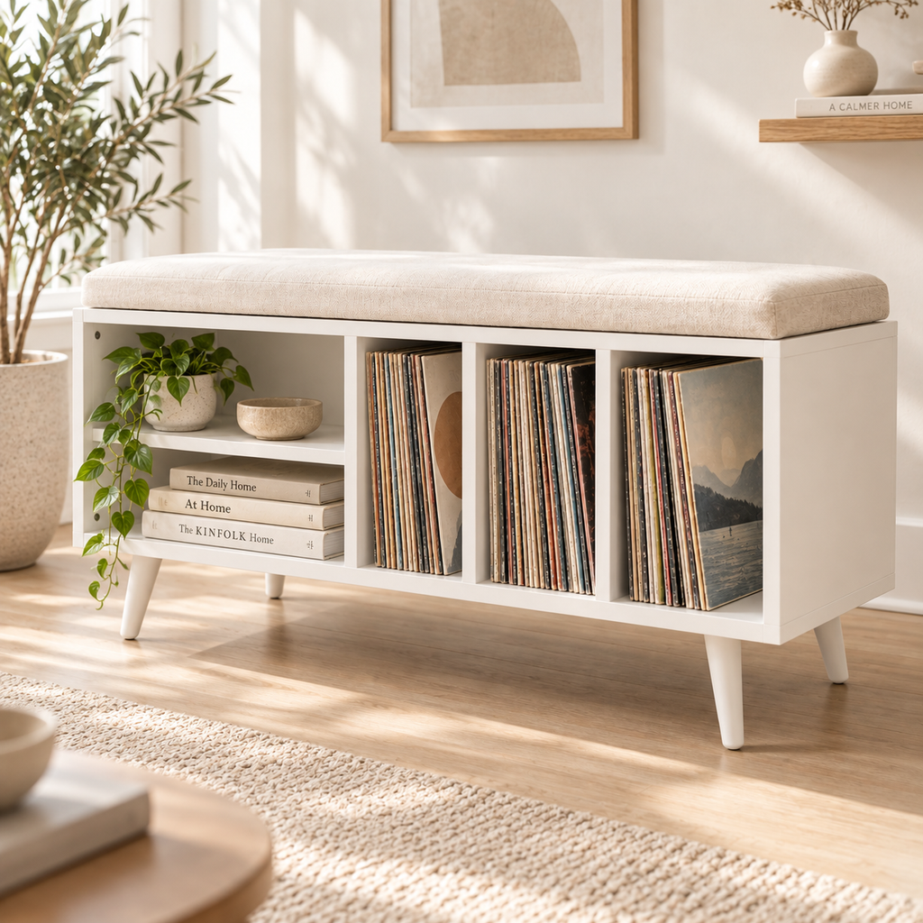 Vinyl Record Storage Bench – LP Organizer & Listening Room