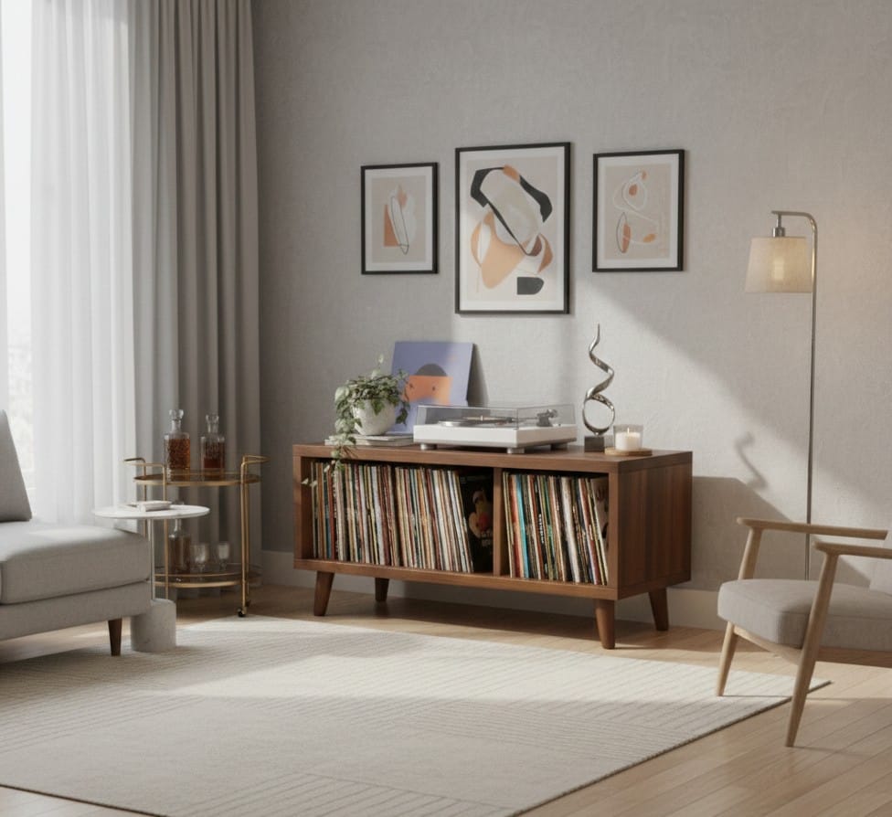 Modern Record Player Stand with Vinyl Storage – Turntable Console & LP Organizer