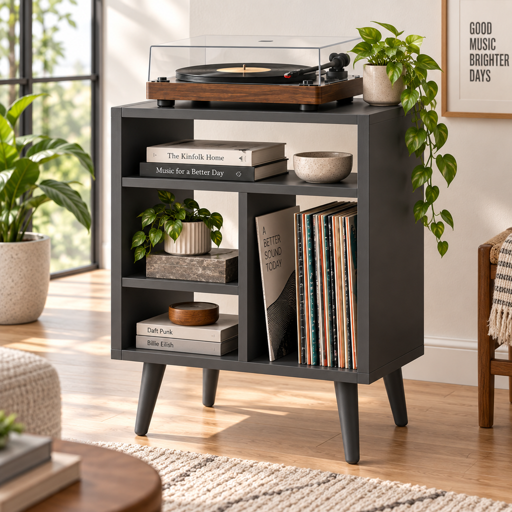 Modern Record Player Stand with Vinyl Storage – Turntable Stand & LP Organizer