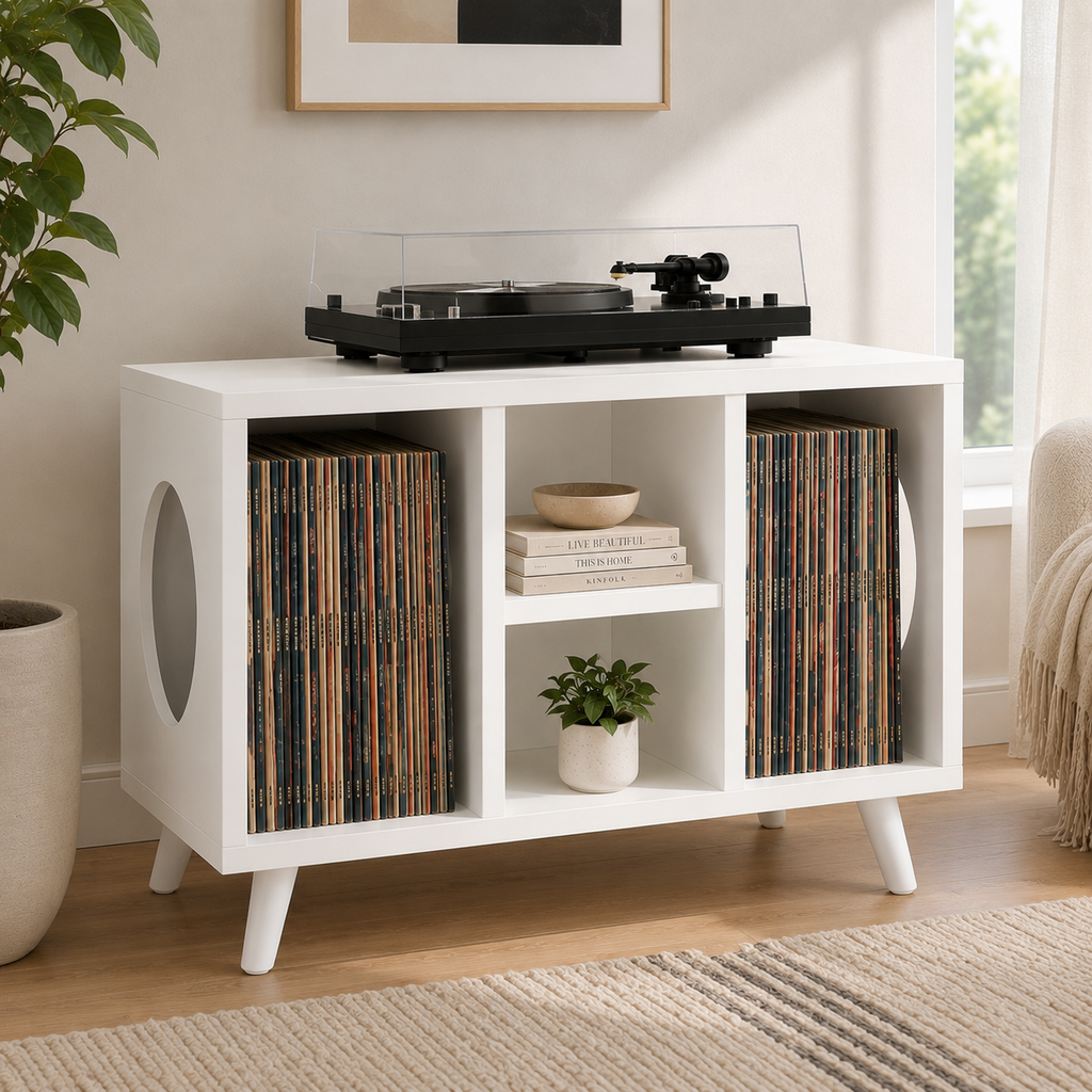 Modern Turntable Stand with LP Storage – Wide Vinyl Record Player Console