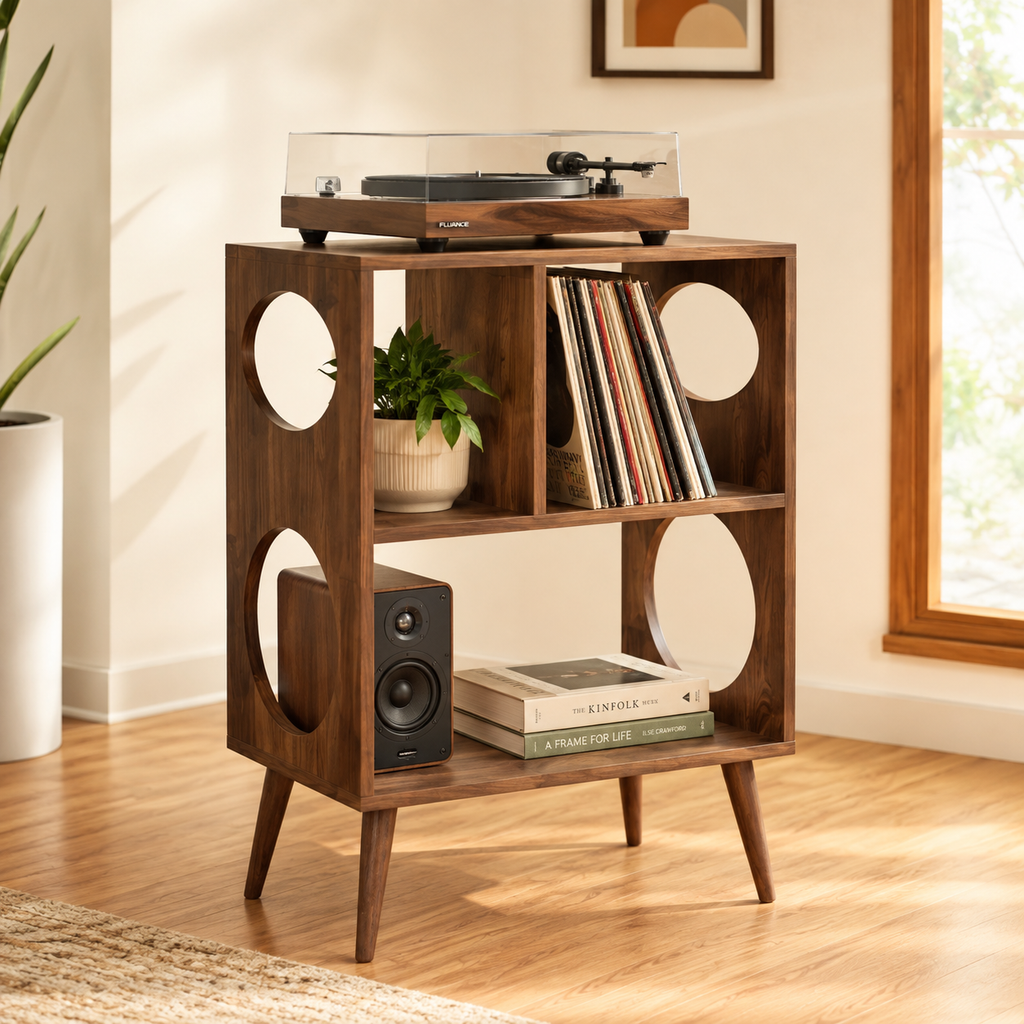 Narrow Record Player Stand with Vinyl Storage – Mid-Century Turntable Stand & LP Organizer