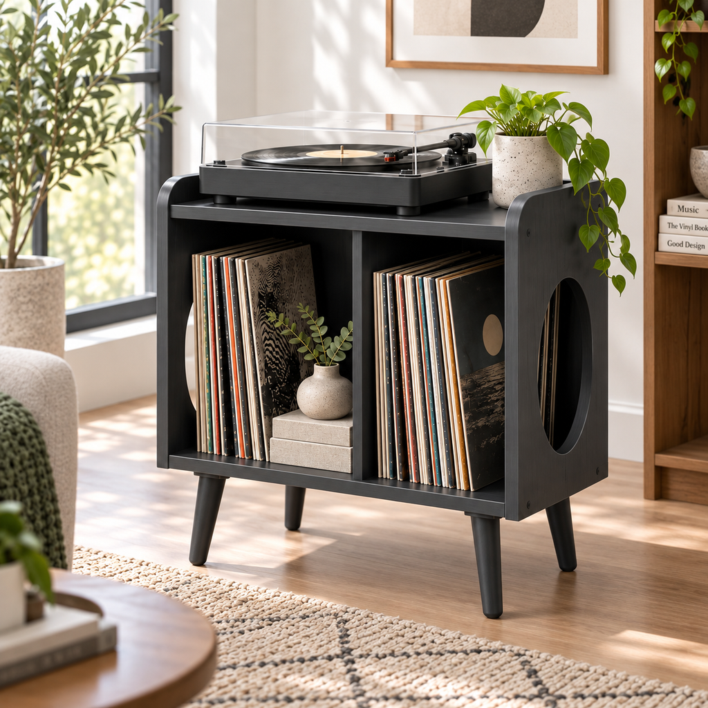 Compact Record Player Stand with Vinyl Storage – Turntable Stand & LP Organizer, 45 cm Wide