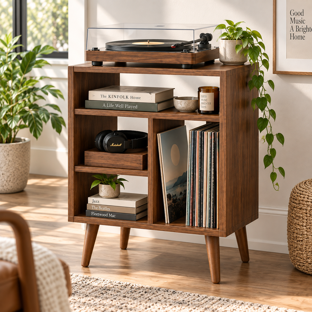 Modern Record Player Stand with Vinyl Storage – Turntable Stand & LP Organizer
