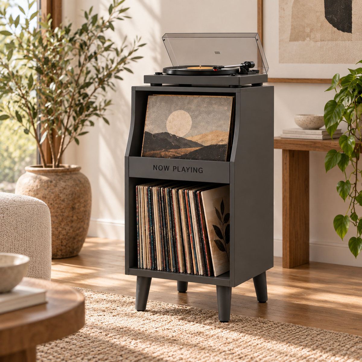 Tall Narrow Record Player Stand with Vinyl Storage – Compact Turntable Cabinet