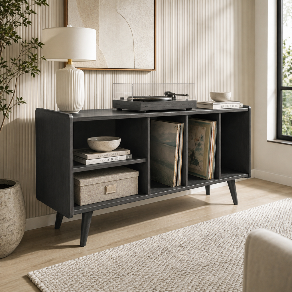 Mid-Century Record Player Stand with Vinyl Storage – Turntable Console & LP Storage Cabinet