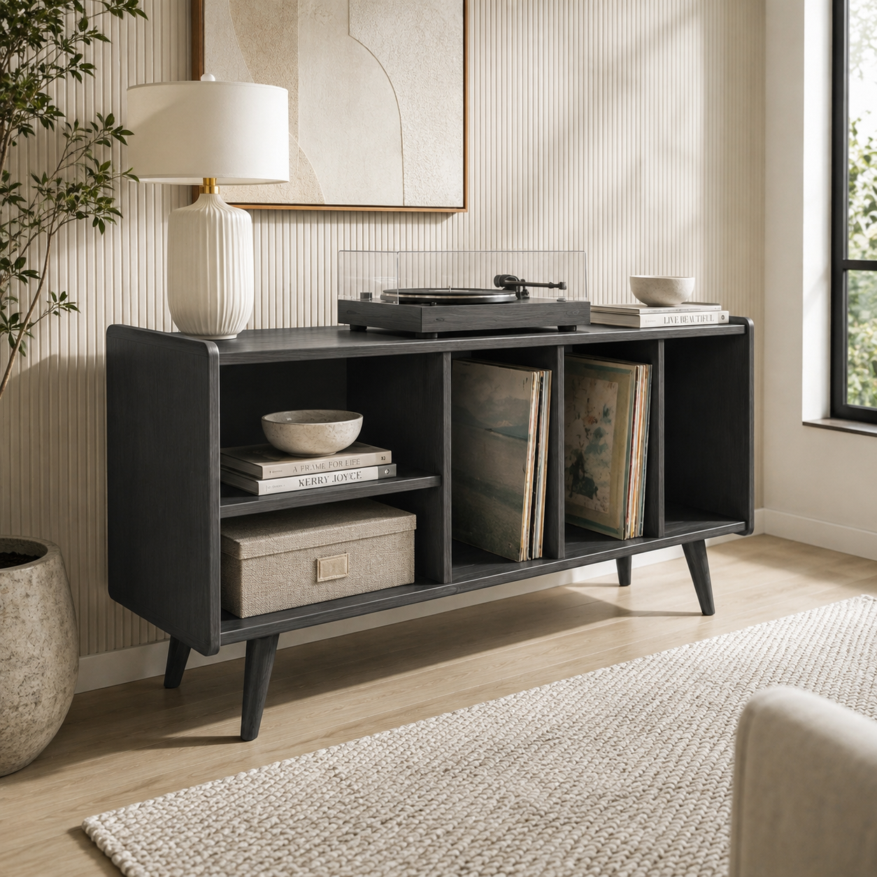 Mid-Century Record Player Stand with Vinyl Storage – Turntable Console & LP Storage Cabinet