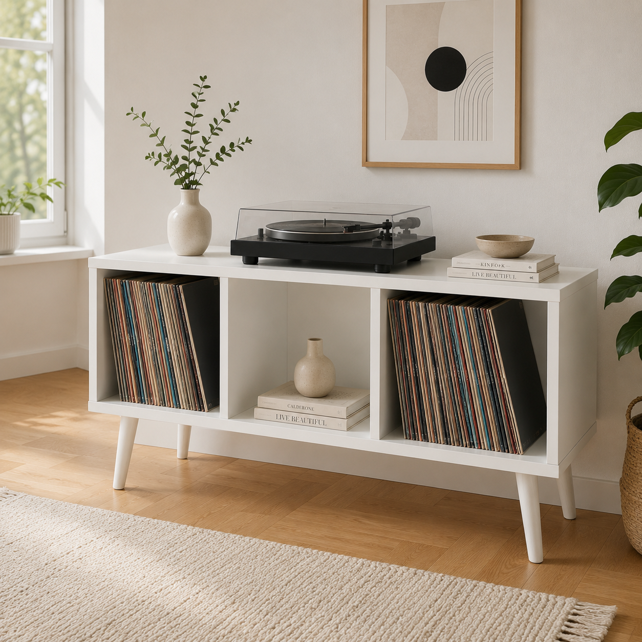 Modern Record Player Stand with Vinyl Storage – Turntable Stand & LP Organizer