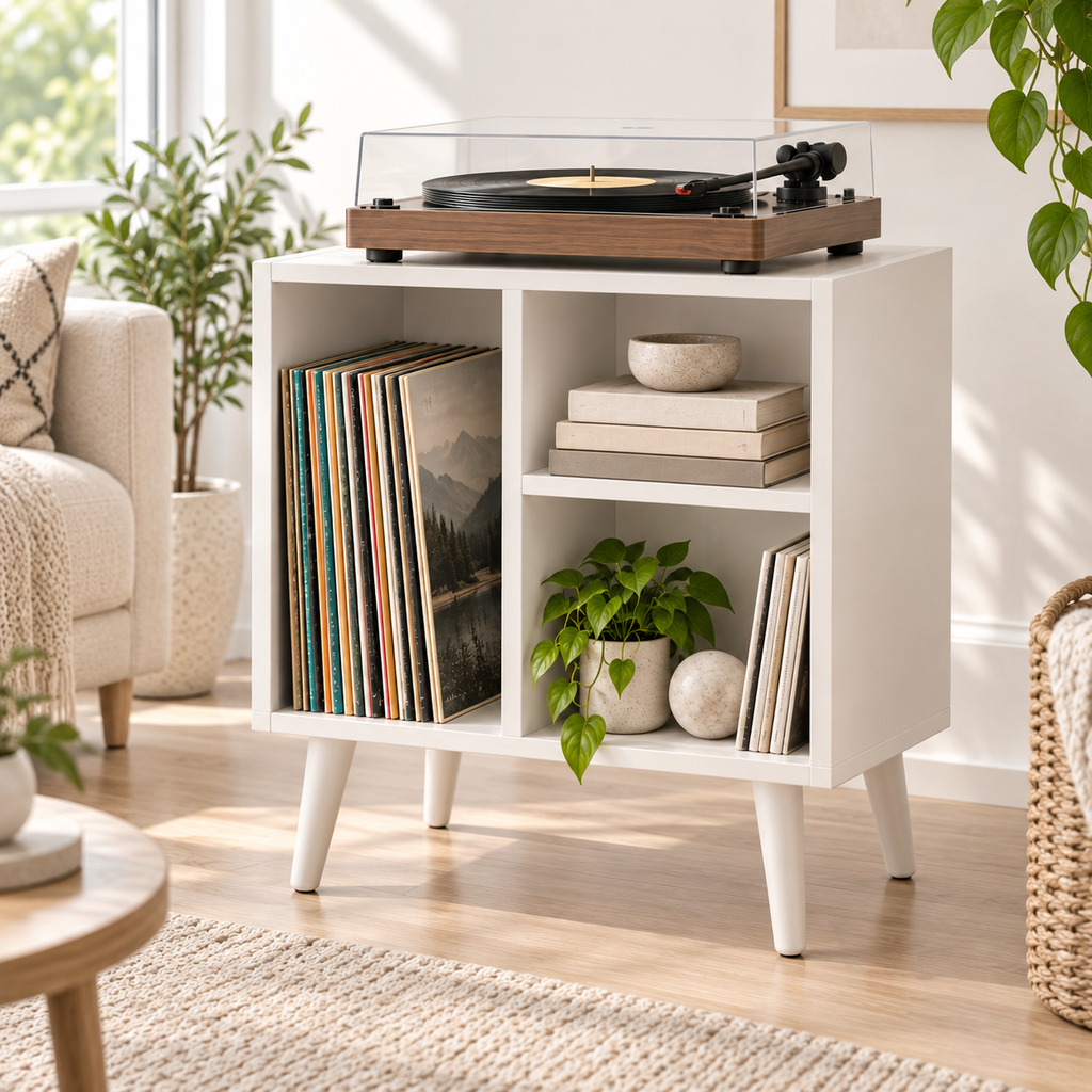 Narrow Record Player Stand with Vinyl Storage – Compact Turntable Cabinet
